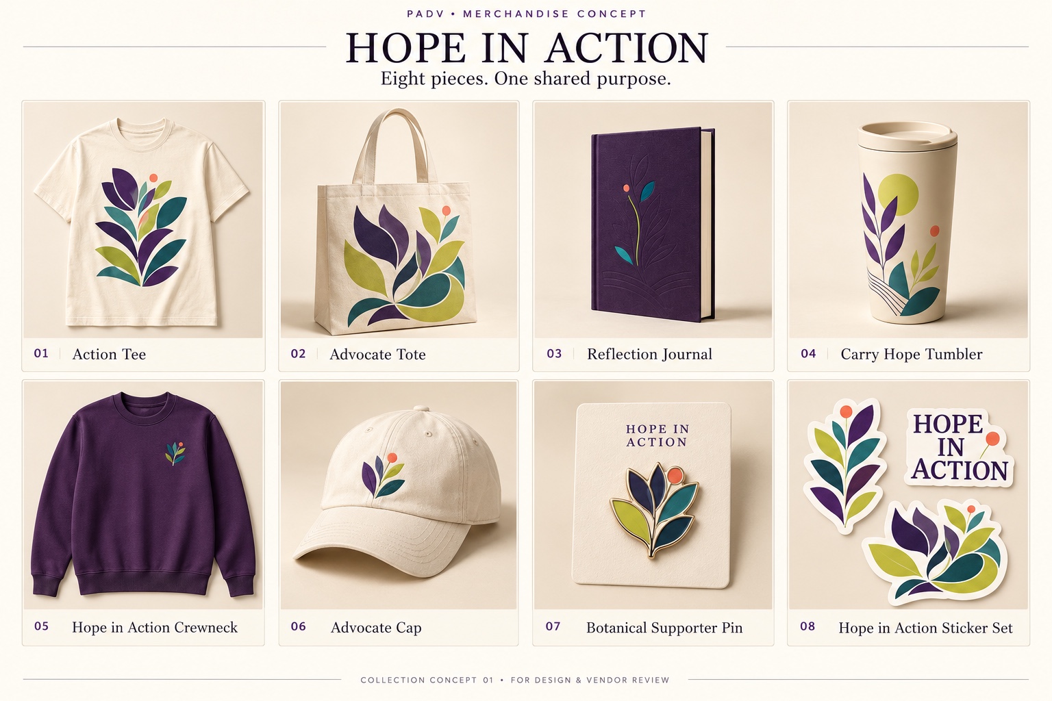Approved PADV Hope in Action merchandise concept showing a tee, tote, journal, tumbler, crewneck, cap, pin and stickers